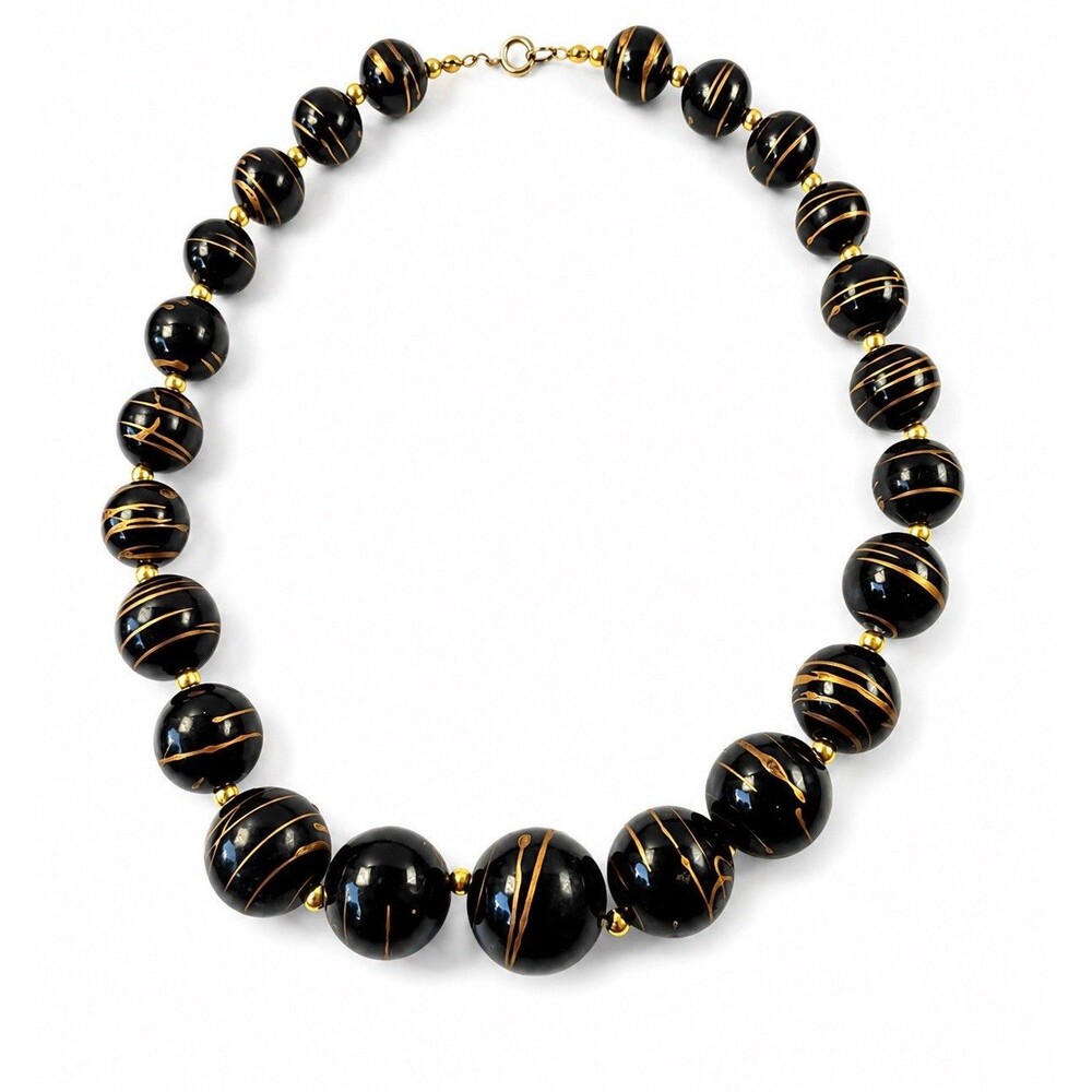 Vintage Black Gold Swirl Graduated Bead Statement Necklace 18” Bold Chunky